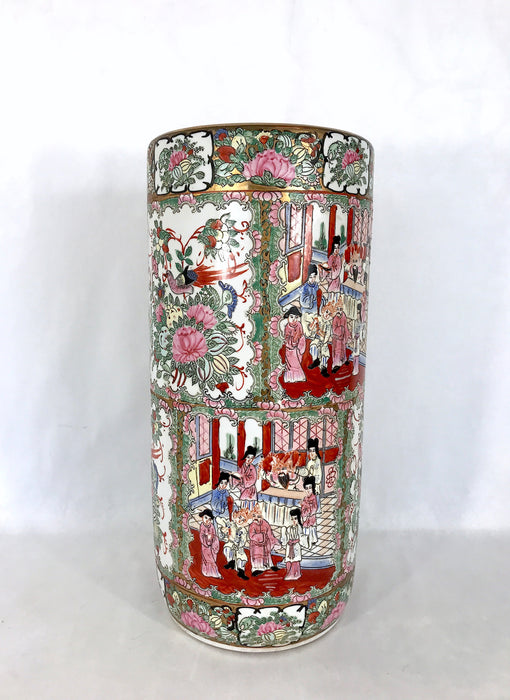 Vintage Chinese Rose Medallion Porcelain Umbrella Stand with Gilt Work, Signed