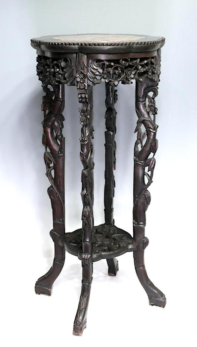 Antique Chinese Cherry Blossom Rosewood Plant Stand, Pedestal With Bamboo Detail & Pink Marble, Late Qing