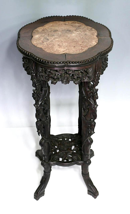 Antique Chinese Carved Rosewood Plant Stand Pedestal With Bamboo, Cherry Blossoms & Pink Marble Inset Top, Qing