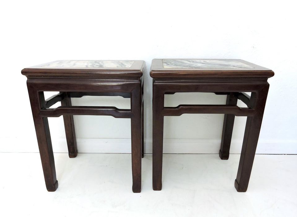 Antique Solid Rosewood 'Mahjong' Stools / End Tables With Dali Lake Marble Tops - Set of 4
