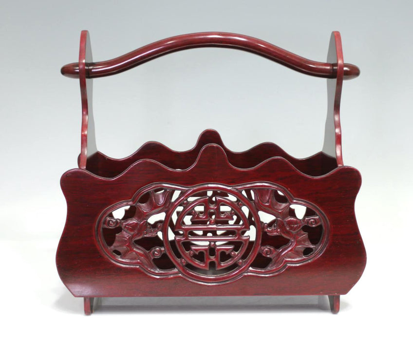 Vintage Chinese Carved Red Rosewood Canterbury or Magazine Stand With Bats