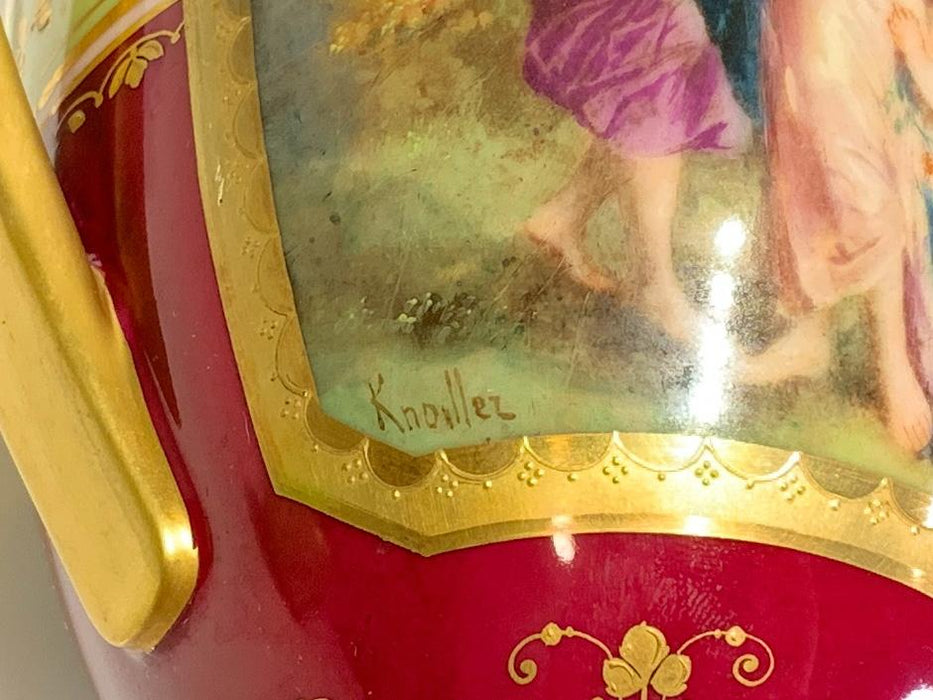 Fine Antique Royal Vienna Hand Painted Gilt Vases / Urns, a Pair - Signed Knoillez - KMP Artist