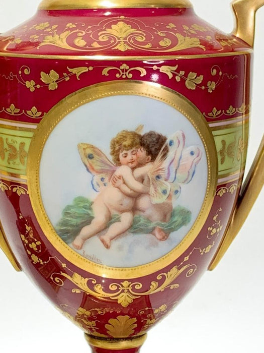 Fine Antique Royal Vienna Hand Painted Gilt Vases / Urns, a Pair - Signed Knoillez - KMP Artist