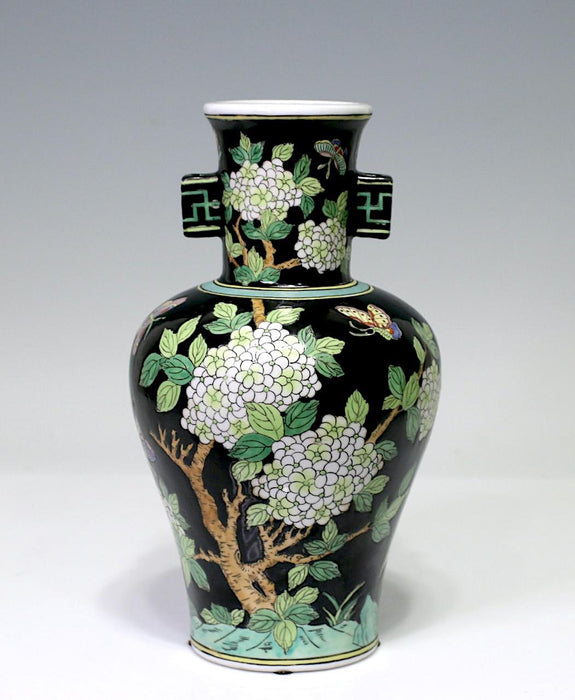 Vintage Black Chinese Famille Verte (Jade Green) Archaic Porcelain Vase With Cherry Blossoms and Butterflies / Moths by Sadek