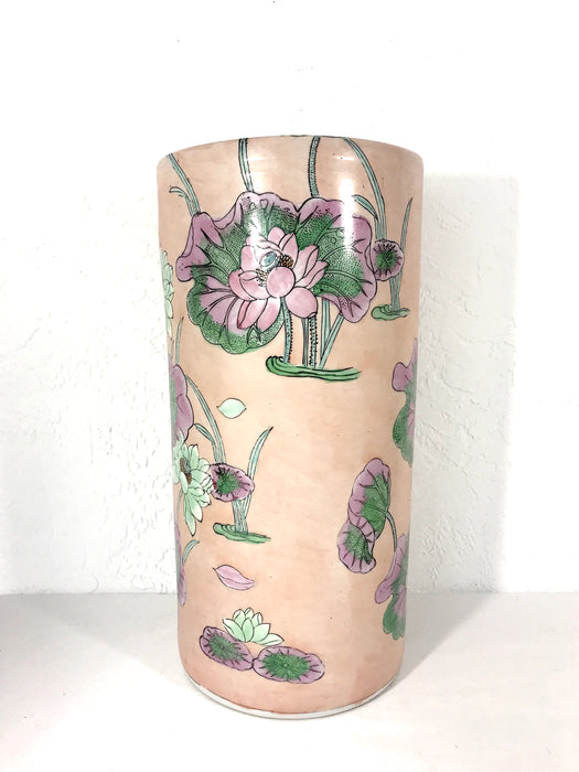 Vintage Oriental Pink Porcelain Umbrella Stand With Lotus Flowers and Leaves, Macau China