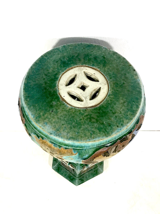 Antique Chinese Sancai Ceramic Lucky Coin Jace Green Pedestal / Plant Stand With Dragons