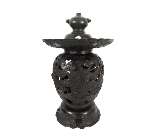 Old Japanese Bronze Reticulated Censer / Candle Lamp With Dragons and Clouds, Lantern
