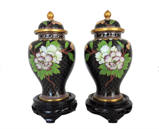 Vintage Chinese Black Cloisonne Lidded Ginger Jars / Urns / Vases With Pink & White Peonies - a Pair, Wood Stands, Boxed