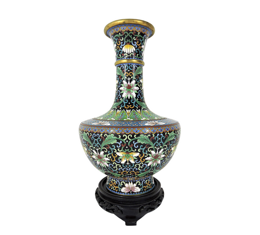 Beautiful Vintage Chinese Green and Black Cloisonné Vase With Flowers, Wood Stand (Cloisonne)