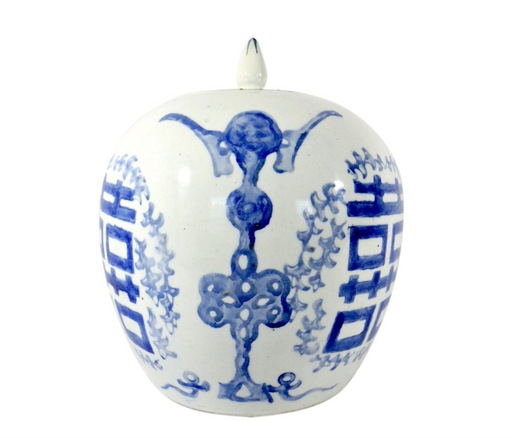 Vintage Blue & White Double Happiness Chinese Porcelain Ginger Jar With Auspicious Bats