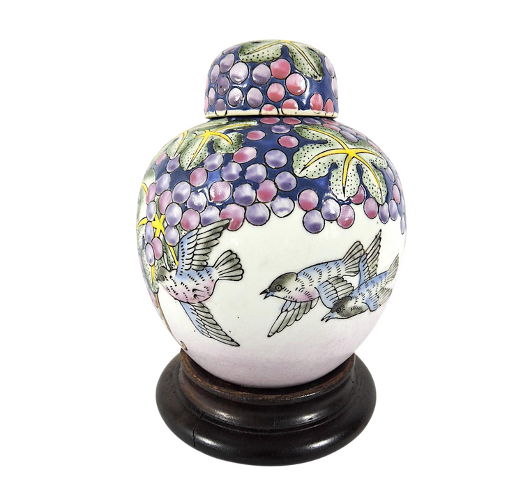 Vintage Chinese Ginger Jar With Vines, Grapes & Blue Birds on Wood Stand