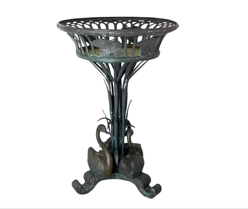 Vintage Bronze Basket Form Pedestal Plant Stand or Planter With Swans With Cattails