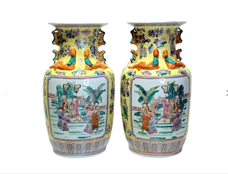 Vintage Chinese Porcelain Famille Jaune Vases With Foo Dogs & Chimera, a Pair