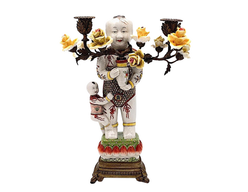 Mid 20th Century Chinese Figural Porcelain & Bronze Candelabra / Candlestick With Yellow Roses