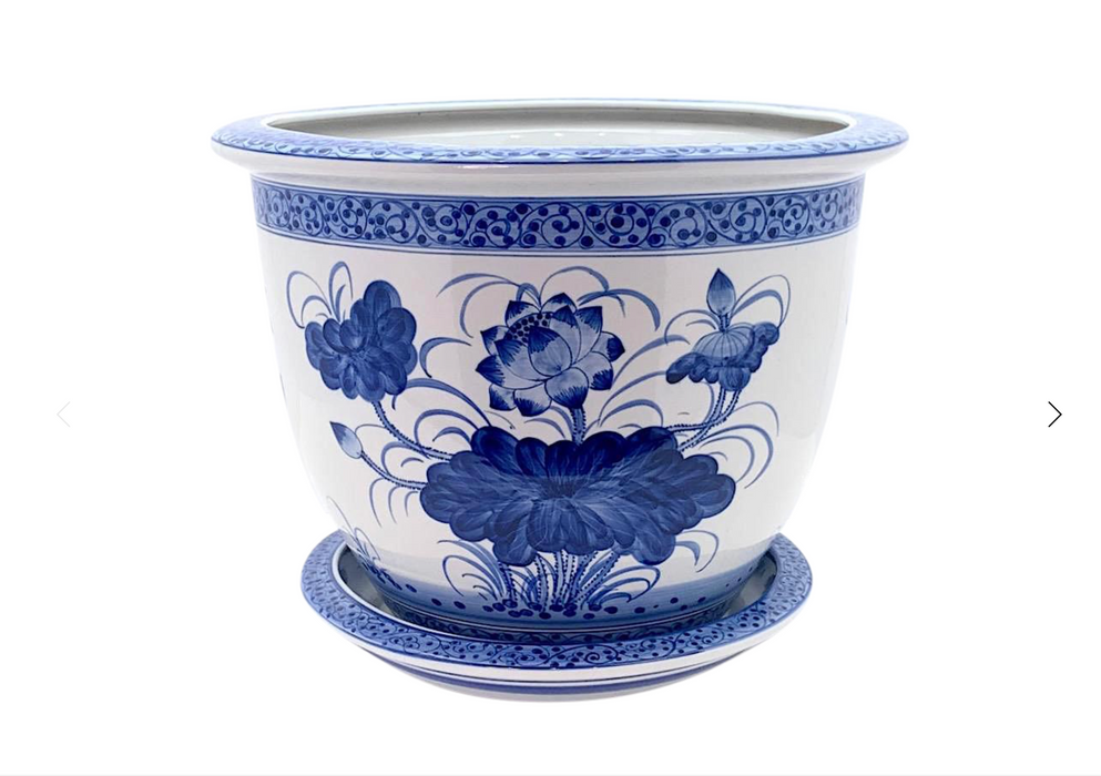The  Lotus Flower Planter, Large Chinese Blue & White Porcelain Jardiniere With Drip Tray / Plate