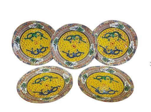 Chinese Famille Jaune Dragon Dinner Plates, Early Republic Period - Set of 5