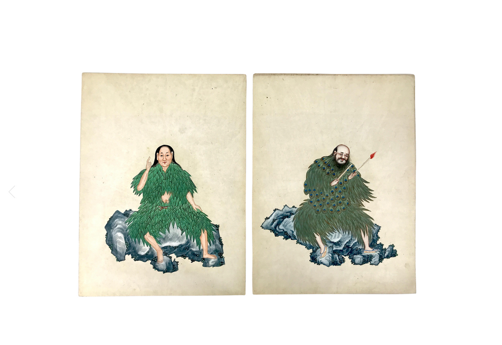 A Study of Shengnong & Fuxi, Primordial Gods, Early 20th. Century Chinese Water Colour Pictures, a Pair