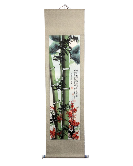 Vintage Chinese Bamboo & Red Cherry Blossom Scroll, Original Hand Painted Wall Hanging