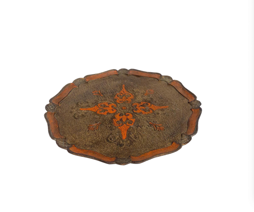 Antique Italian Carved Round Serving Tray With Gold Highlights, Pie Crust Edging - Florentine