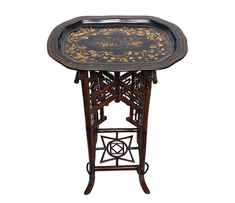 Vintage Chinoiserie Bamboo Tray Table With Black Lacquer & Gold Scenic Tray