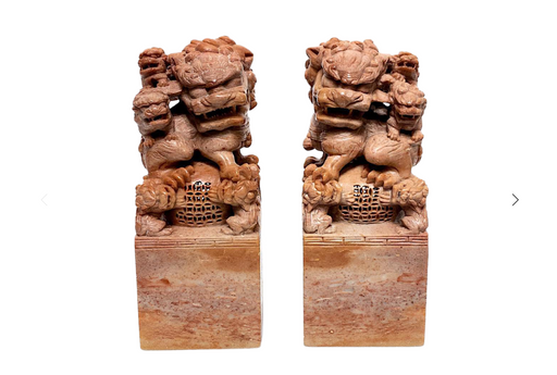 Rare Pink Marble Carved Chinese Shishi or Foo Lions, an Opposing Pair (Bookends/Statues)