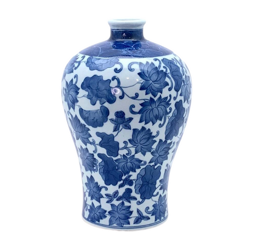 Vintage Chinese Blue & White Floral Meiping Porcelain Vase, Signed