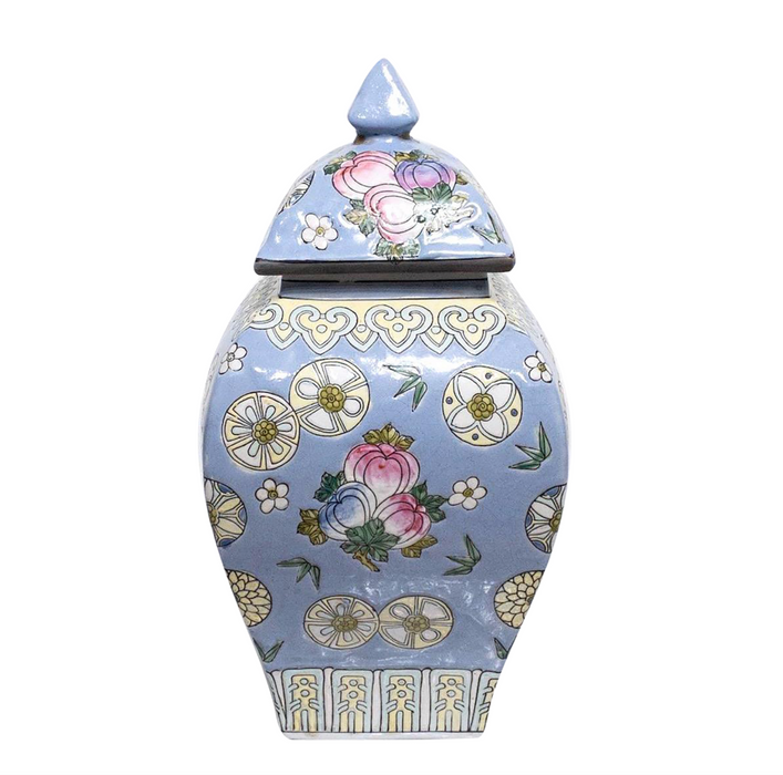 Vintage Chinese Porcelain Square Pale Blue Ginger Jar or Urn With Flower Balls, Tongzhi Reign Mark