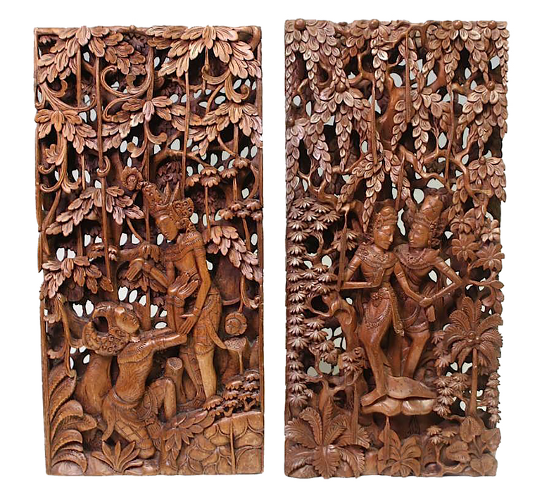 Vintage Balinese Carved Wood Sculptural Wall Panels Portraying Rama & Sita From the Ramayana Epic Saga
