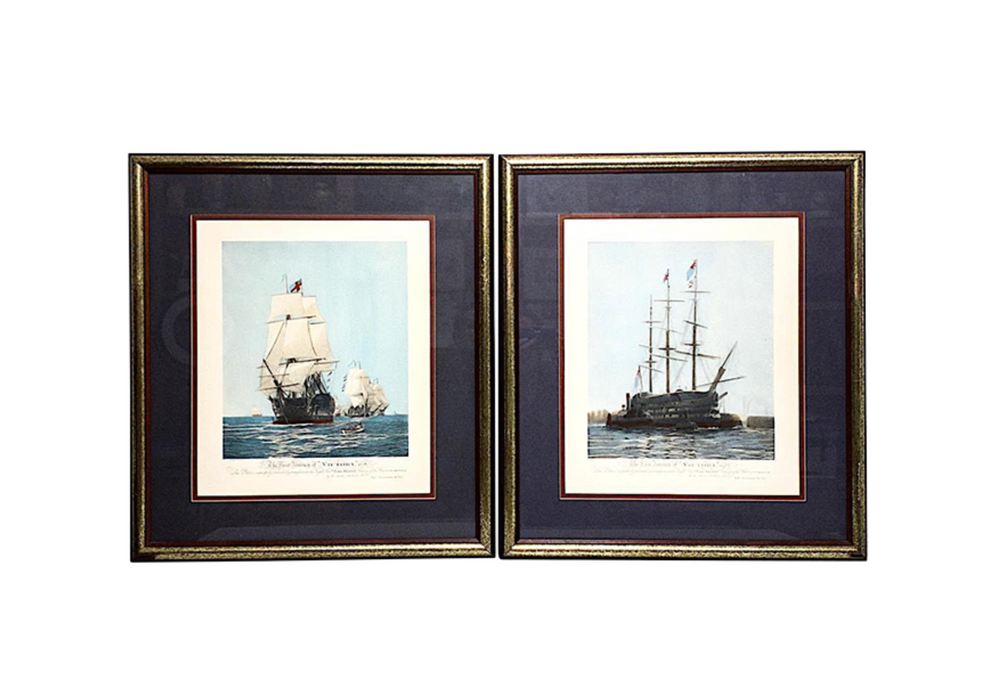 Antique Colour Lithographs 'The First and Last Journey of the British Navy Ship "Hms Victory", a Pair