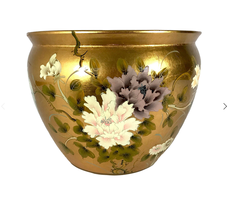 Vintage Japanese Gold 'Kinpaku' Porcelain Planter With Birds and White & Mauve Flowers