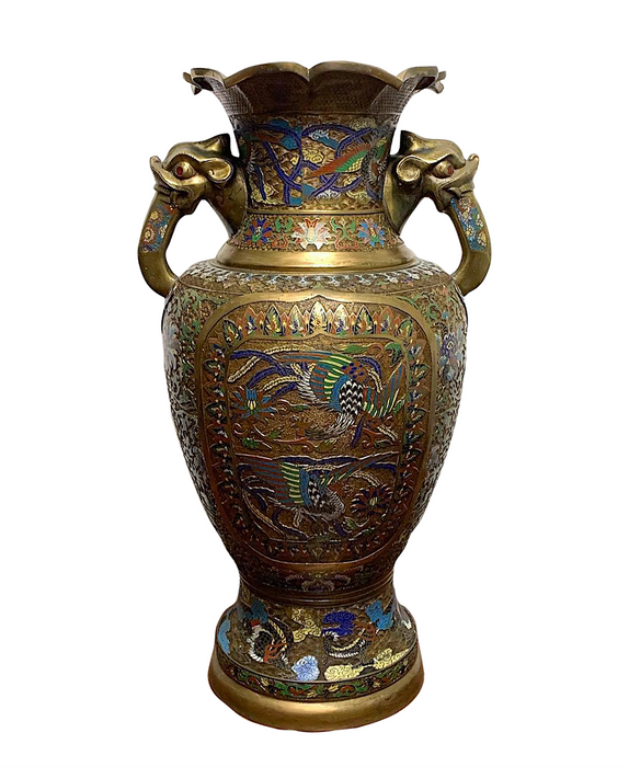 Massive 42" Antique Chinese Bronze Champleve / Cloisonne Palace or Floor Vase With Elephant Handles