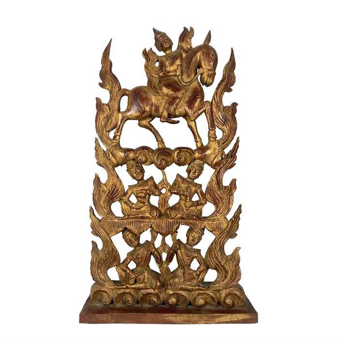 Massive Thai Red and Gold Kranock Hand Carved Wooden Sculpture - the Aspara & Musicians