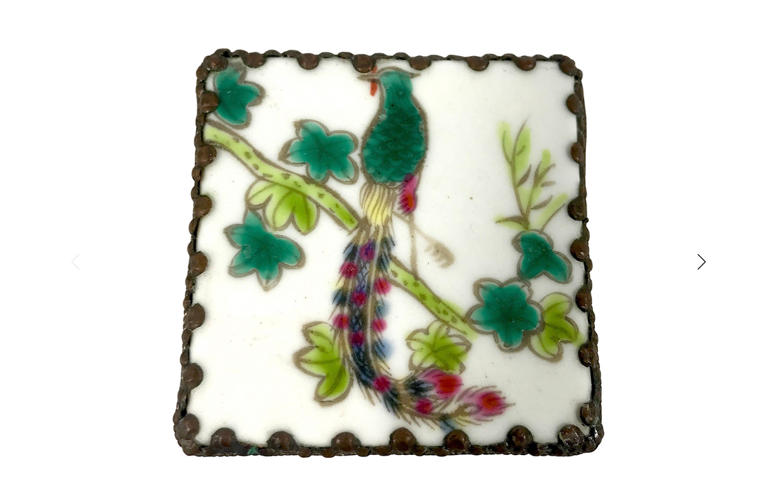 Vintage Chinese Emerald Green Pheonix Trinket Porcelain Shard Paktong Box With Mirror