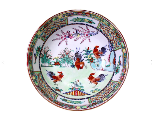 Vintage Hong Kong Hand White Painted Porcelain Bowl, the Four Red Roosters