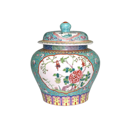 Antique Nyonya / Straits Chinese Turquoise Porcelain Ginger Jar With Auspicious Objects & Lotus Flowers