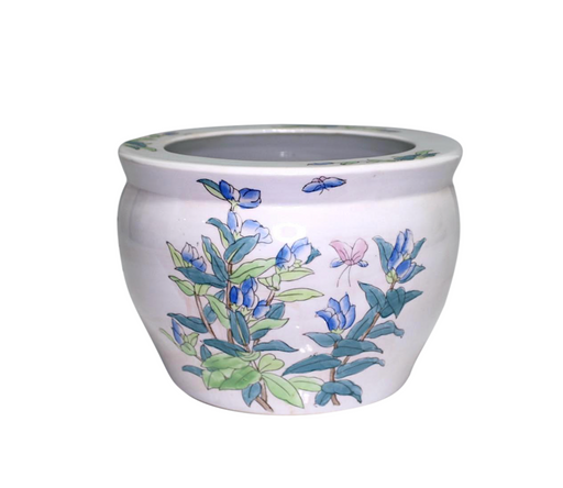 Vintage Chinese White Porcelain Fishbowl Planter With Flowers and Butterflies 9.5"