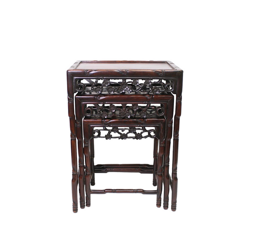 Antique Chinese Carved Hongmu Rosewood Nesting Tables, Late Qing Dynasty, Bamboo Form, Set of 3