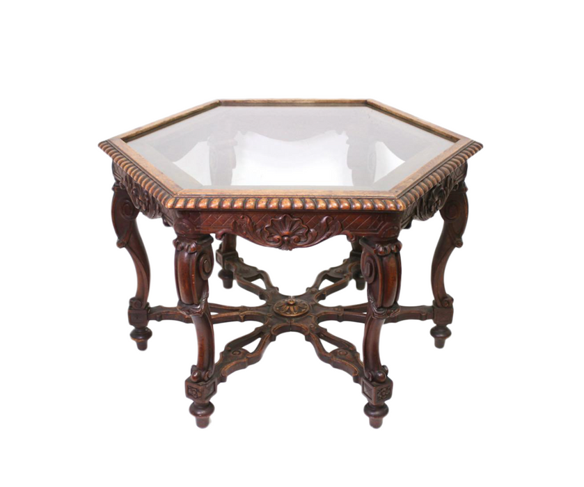 Antique Renaissance Revival Carved Walnut Hexagonal Coffee Table With Glass Top