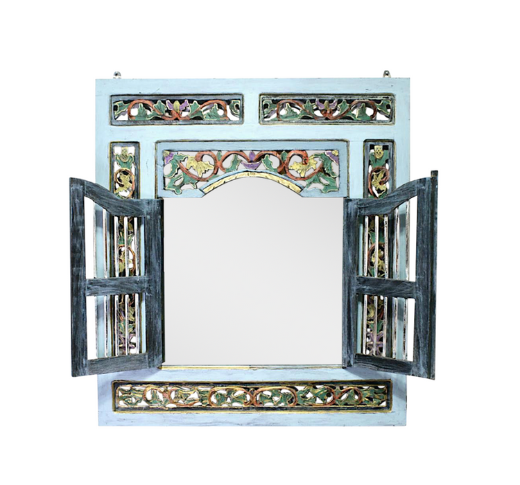 Javanese Hand-Carved Baby Blue Wood Framed Window Style Wall Mirror With Flowers & Gold Highlights