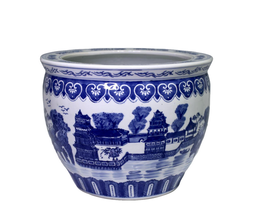 Vintage Chinese Porcelain Planter With Hand Painted Blue & White Temples & Lakes (14")