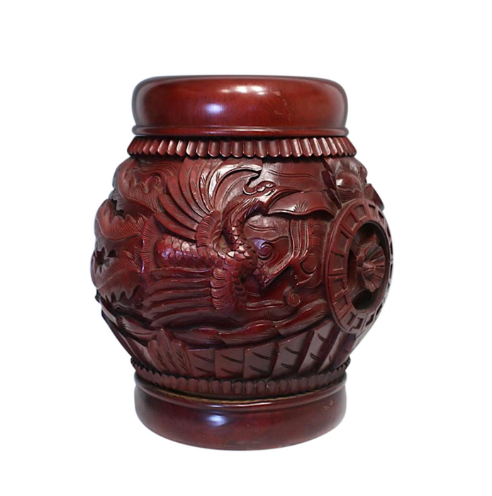 Chinese Red Lacquer Wood Rice Storage Barrels Containers / Dragon Stools With Phoenix, 5 Available