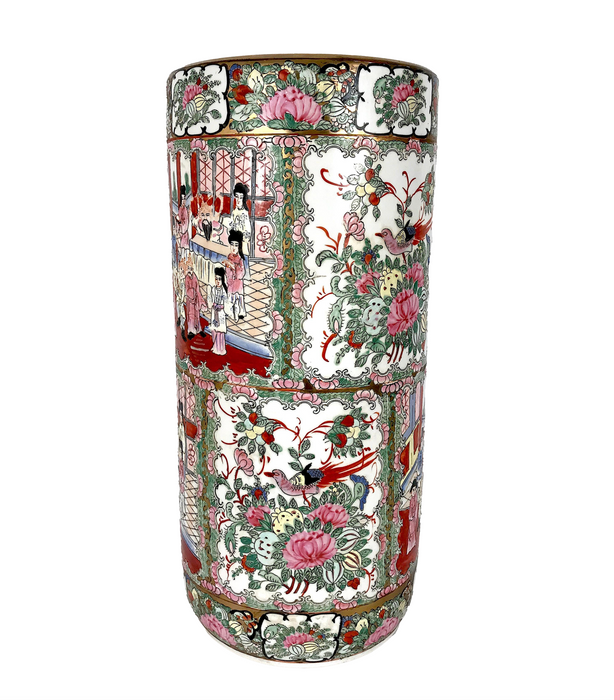 Vintage Chinese Rose Medallion Porcelain Umbrella Stand with Gilt Work, Signed