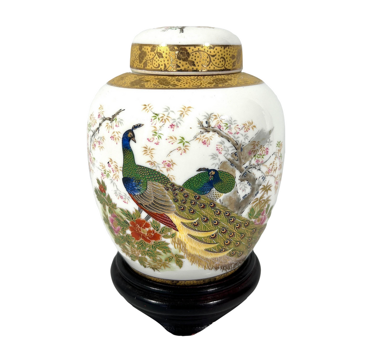 Vintage Japanese White Porcelain Gold Banded Ginger Jar With Peacocks & Cherry Blossoms