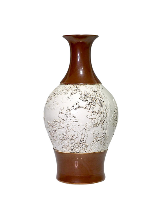 Rare Wang Bing Rong Chinese Vase Cafe-Au-Lait & Cream Glaze With Flying Cranes & Peacocks in Relief, Late Qing