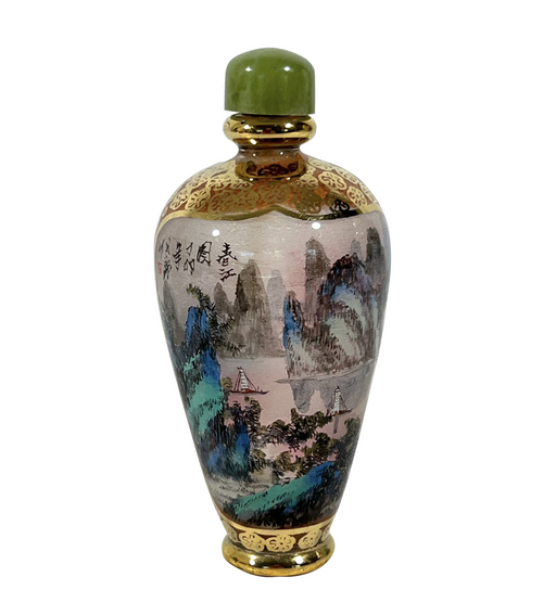 Fine Chinese Reverse Painted Glass Snuff Bottle, Jadeite Top, Gilt, Flowers and Landscape, Signed & Boxed