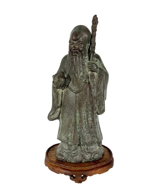 Chinese Bronze Figure of the Wise Man, Fu Lou Shou - Deity of Longevity, With Wood Stand