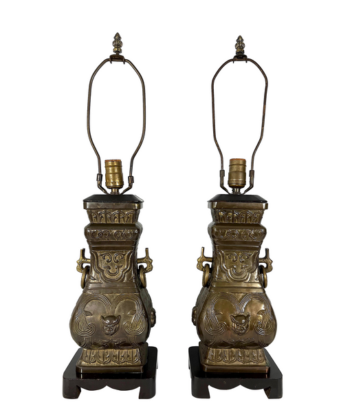 Archaic Chinese 'Hu' Form Verdigris Bronze Table Lamps on Stands, a Pair