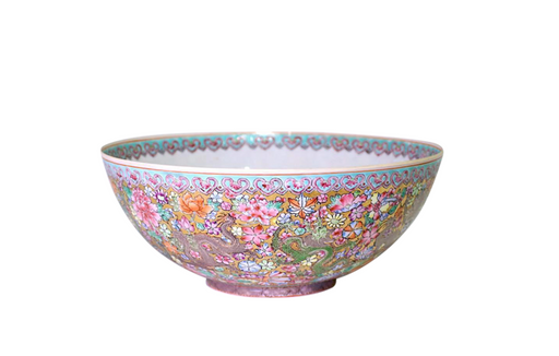 Large Chinese 'Eggshell' Porcelain Bowl With Gilt, Millefiore Flowers and Green Dragon 9.5"