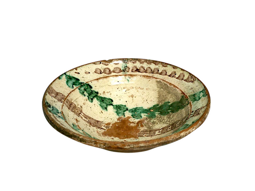 18th Century Hand Turned Antique Redware Bowl With Slip Glaze Decoration, Western Mediterranean