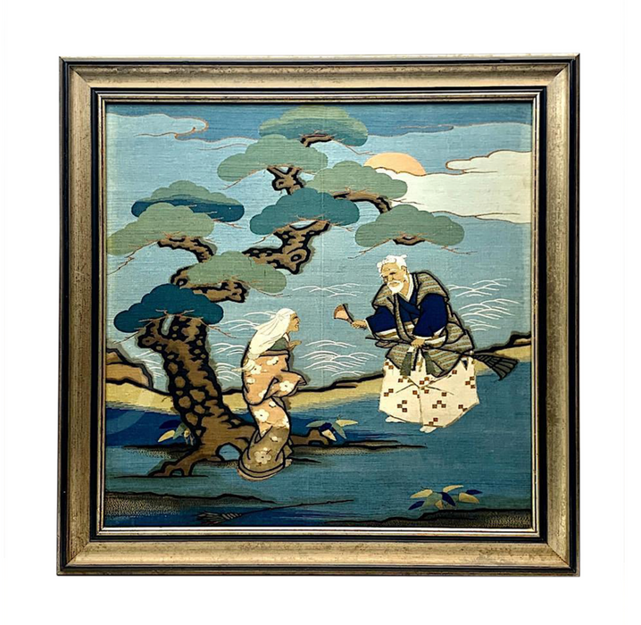 Japanese Meiji Period Embroidered Blue Silk Framed Fukusa Tapestry - the Takasago Legend, Late 19th. Century
